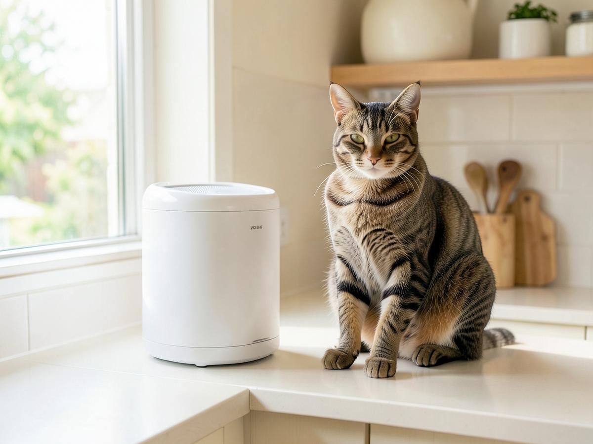 A tabby cat sitting on a bright kitchen counter beside a white smart water fountain